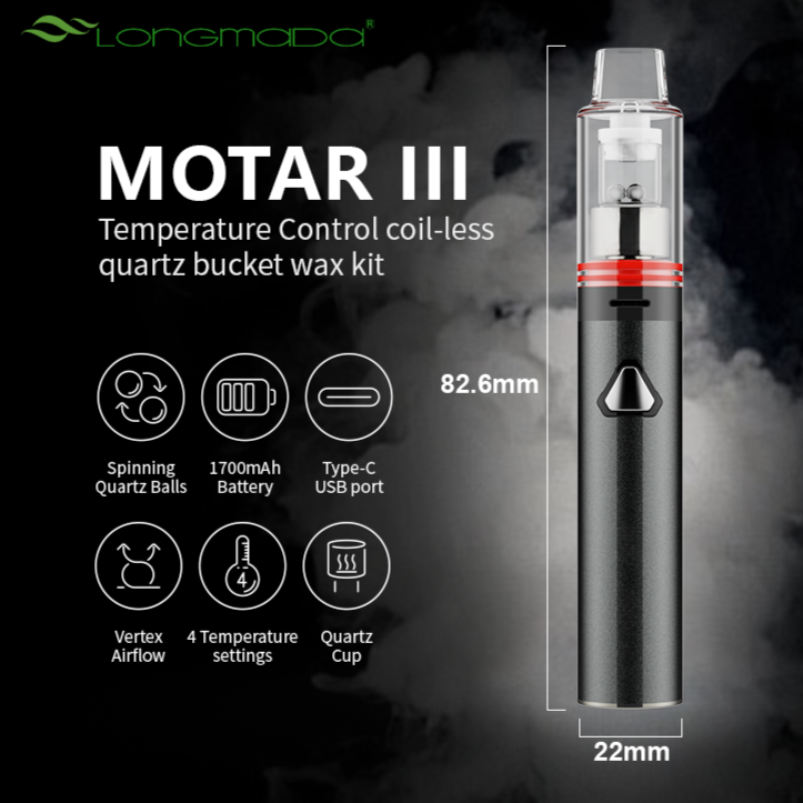 Motar 3 Wax Vape Pen Kit with Coil-less Quartz Cup, Spinning Quartz Balls, 4 Temperature Settings, and 1700mAh Battery