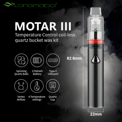 Motar 3 Wax Vape Pen Kit with Coil-less Quartz Cup, Spinning Quartz Balls, 4 Temperature Settings, and 1700mAh Battery